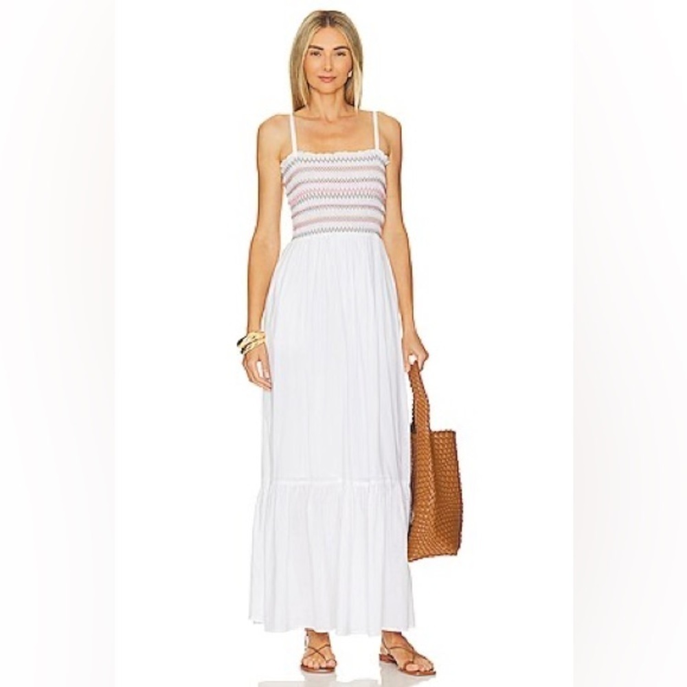 Michael Stars Women’s Large Alejandra Maxi Dress White with Rainbow Smocked Top